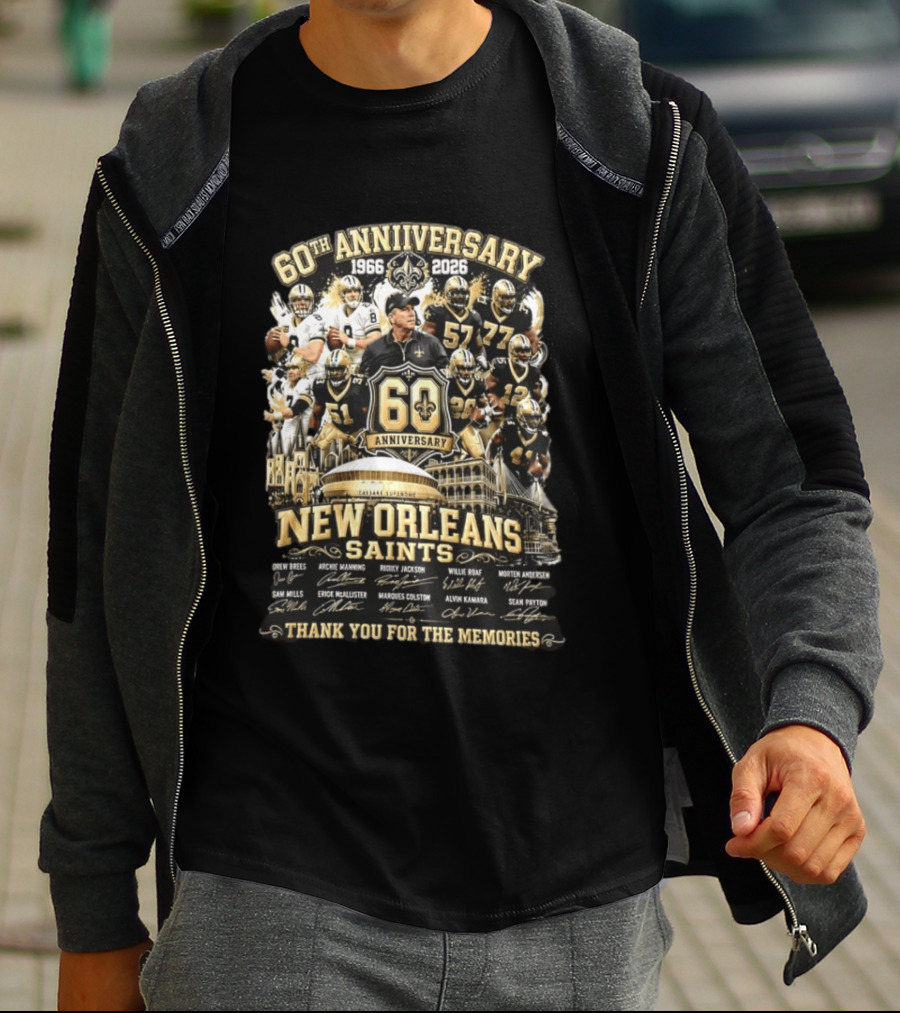 60th Anniversary 1966 2026 New Orleans Saints Thank You For The Memories Drew Brees Archie Manning Ricky Jackson T-Shirt