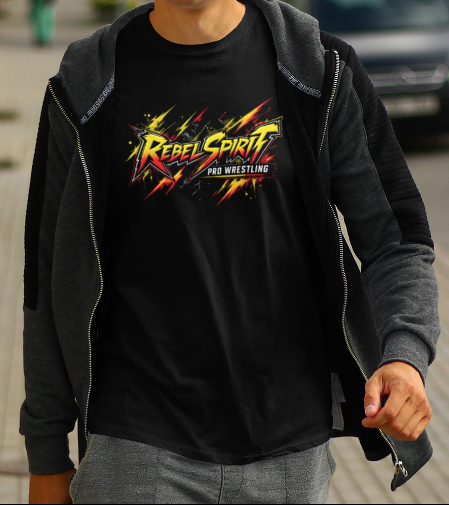 Rebel Spirit Pro Wrestling Spiky Lettering Paint Splatter Grunge Yellow Red Burst T-Shirt