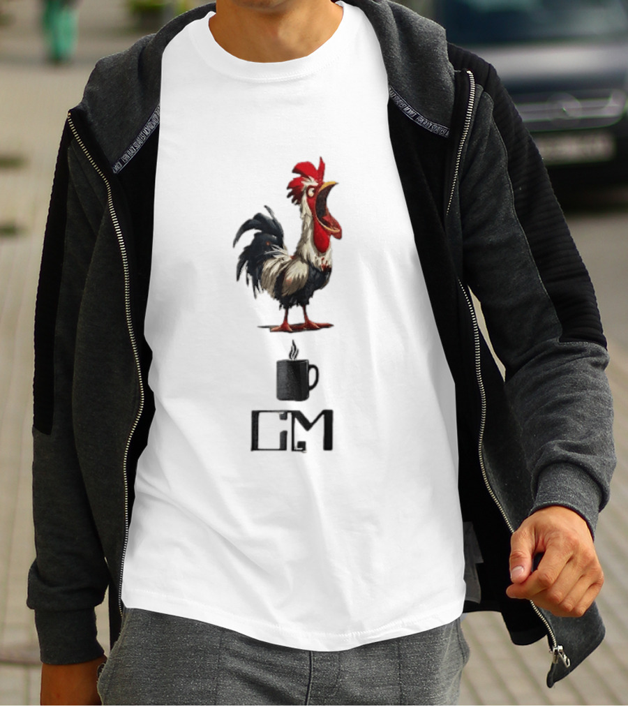 GM Cartoon Crowing Rooster Steaming Black Coffee T-Shirt