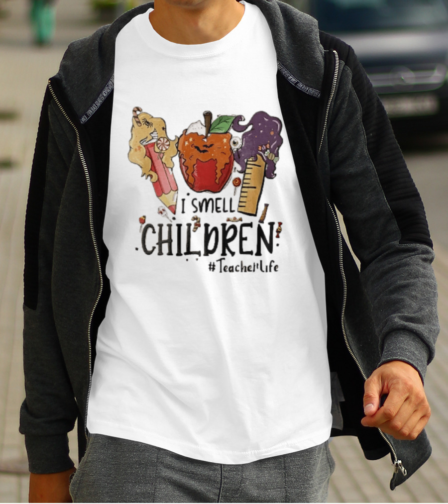 I Smell Children Teacherlife Sanderson Sisters Halloween Pencil Apple Ruler Cartoon T-Shirt