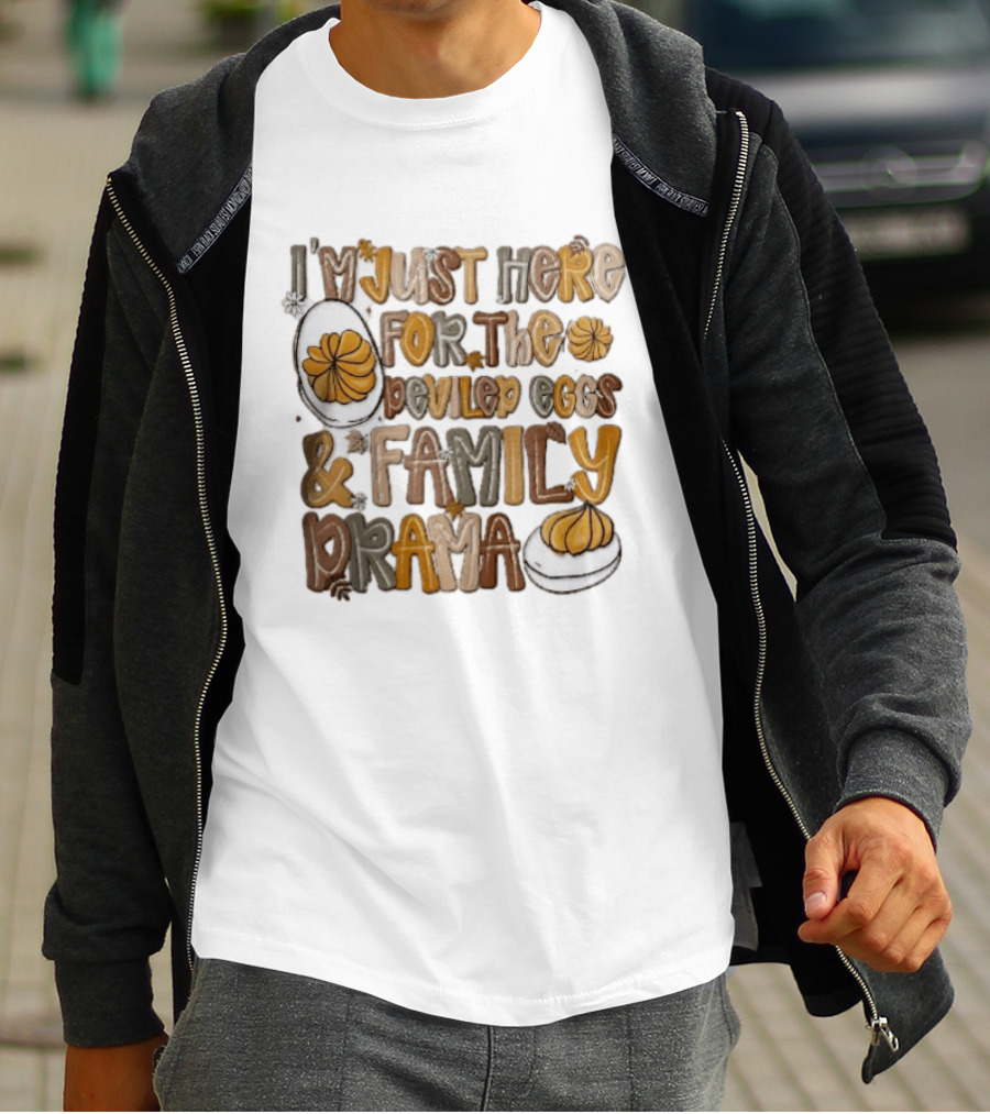 I'm Just Here For The Deviled Eggs And Family Drama Groovy Autumn Leaves T-Shirt