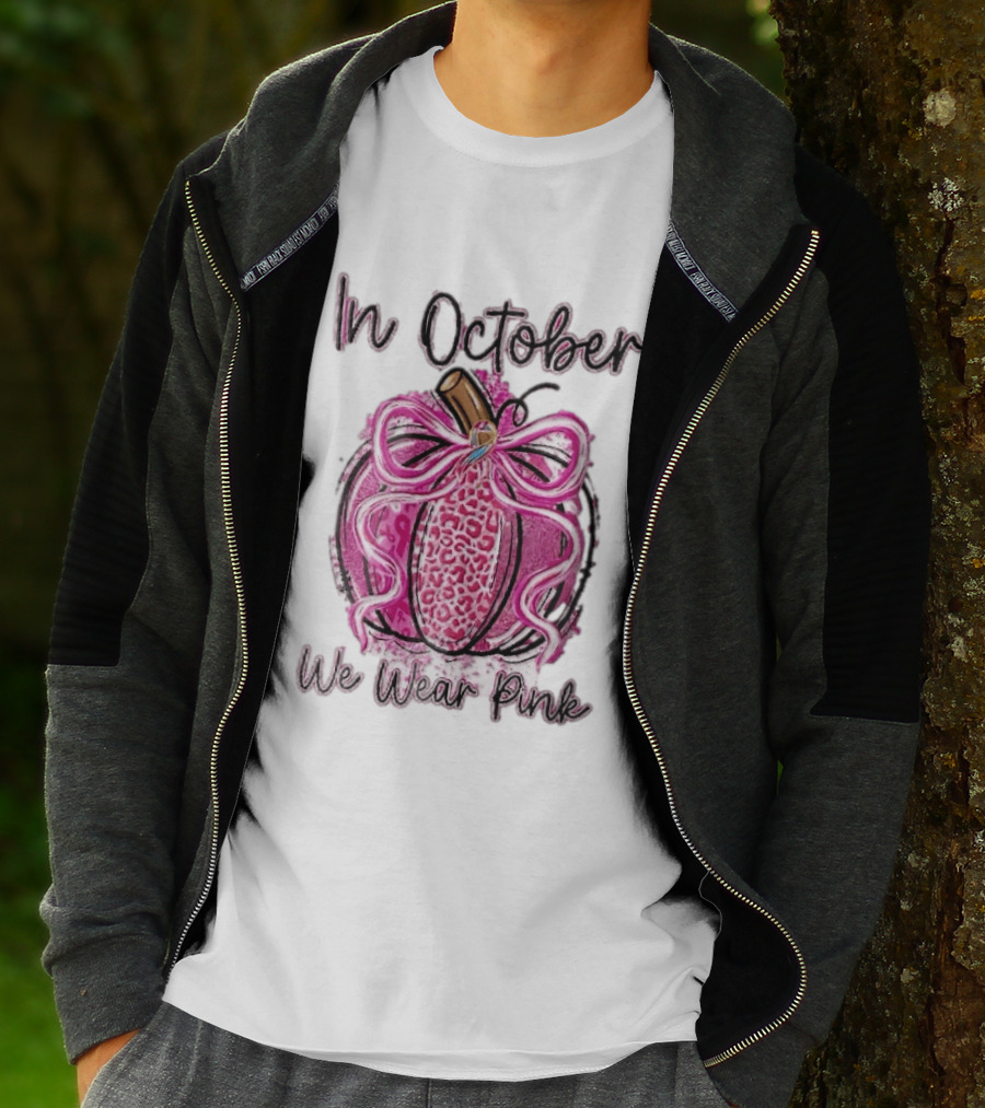 In October We Wear Pink Leopard Pumpkin Breast Cancer Ribbon Bow T-Shirt