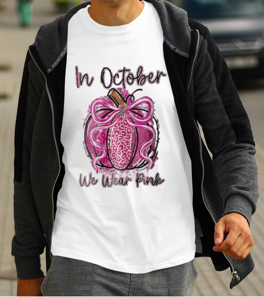 In October We Wear Pink Leopard Pumpkin Breast Cancer Ribbon Bow T-Shirt