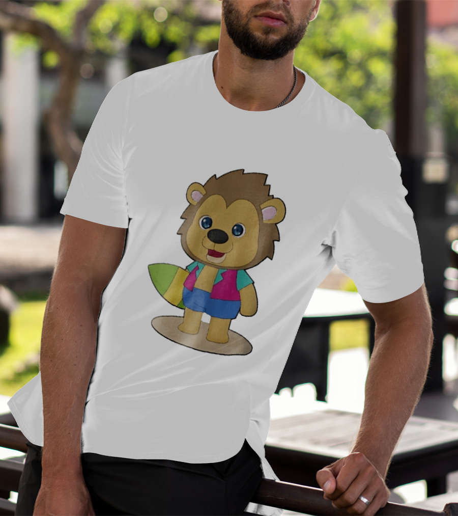 Lion Summer Surfing Adventure Cartoon T-Shirt