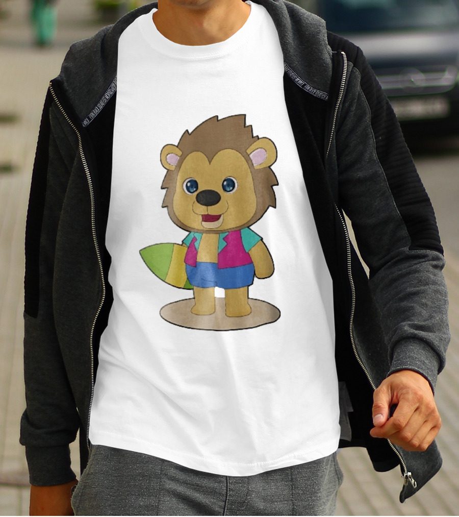 Lion Summer Surfing Adventure Cartoon T-Shirt