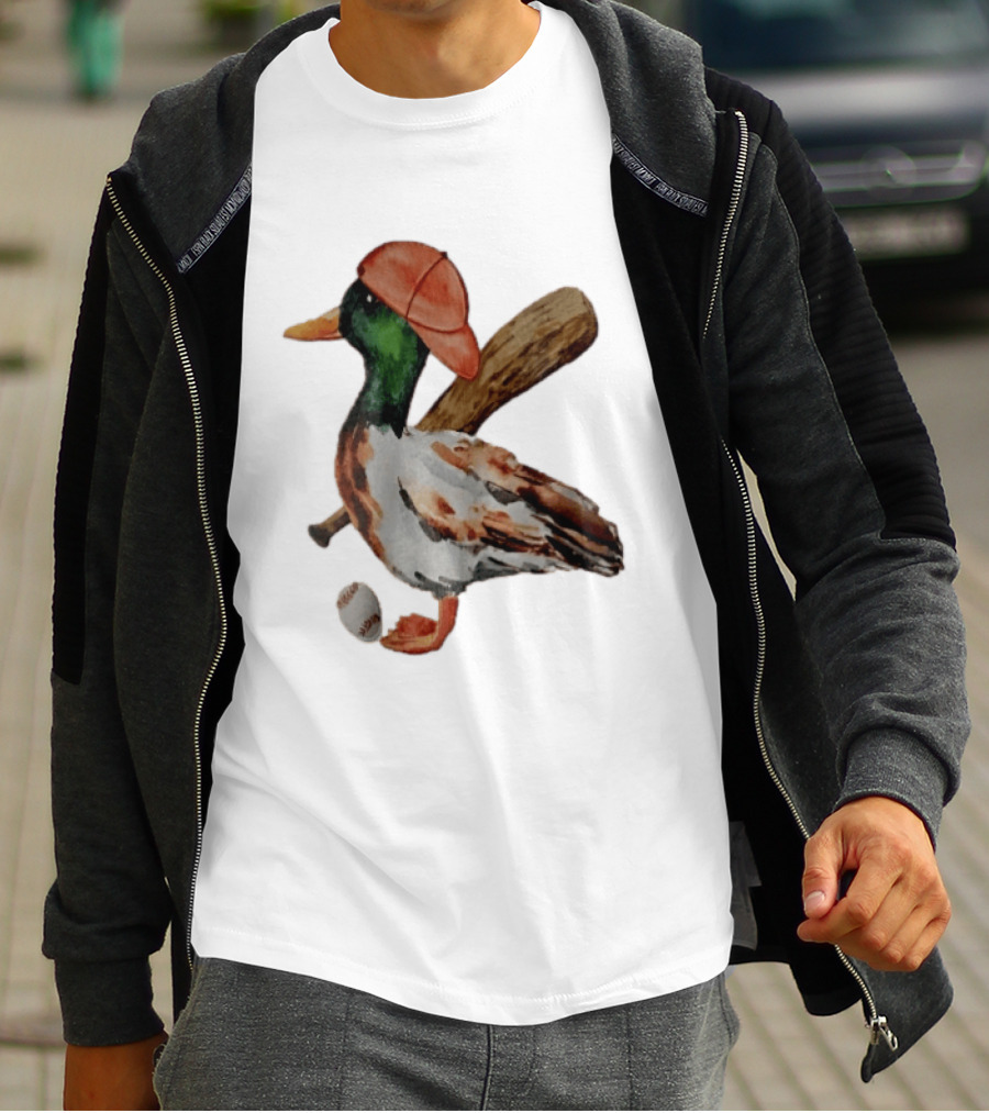 Mallard Duck Baseball Player Red Cap Wooden Bat Watercolor Mallard T-Shirt