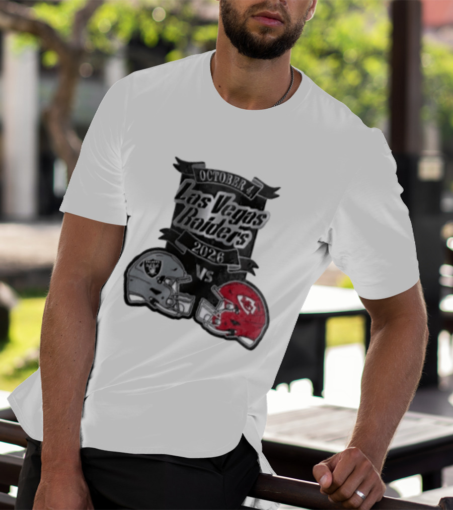 Las Vegas Raiders Vs 2026 October 4 Red Silver Opposing Football Helmets T-Shirt