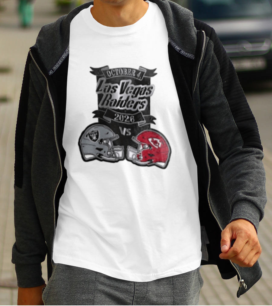 Las Vegas Raiders Vs 2026 October 4 Red Silver Opposing Football Helmets T-Shirt