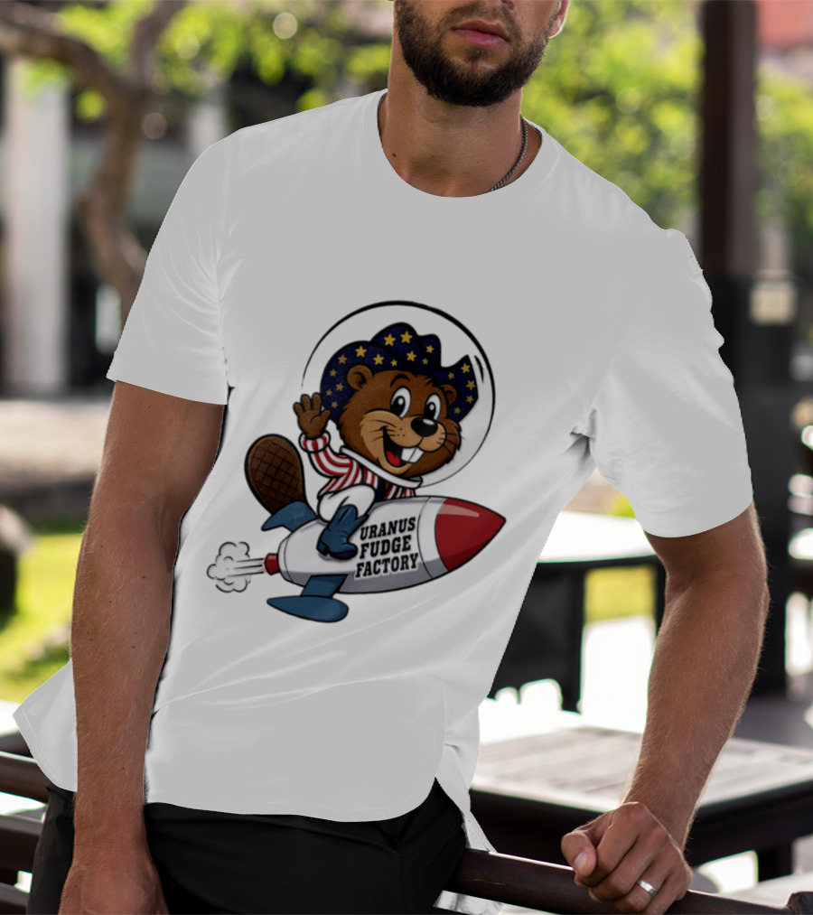Uranus Fudge Factory Patriotic Beaver Riding Rocket T-Shirt