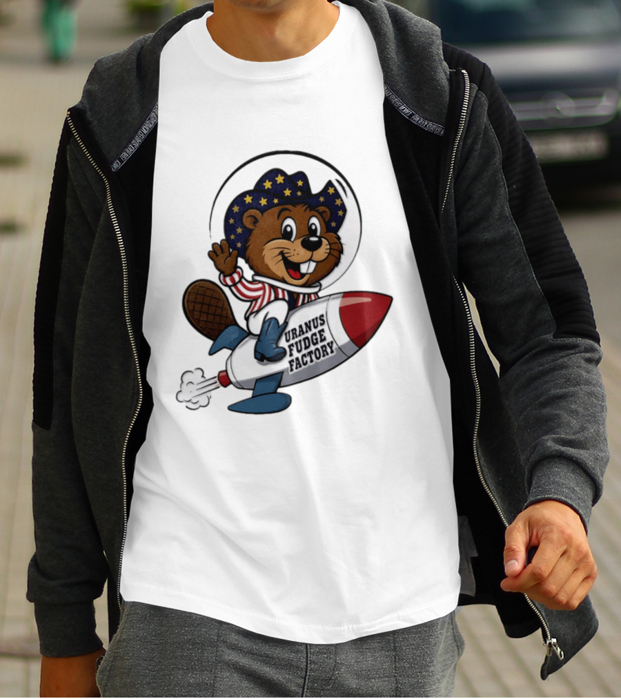 Uranus Fudge Factory Patriotic Beaver Riding Rocket T-Shirt