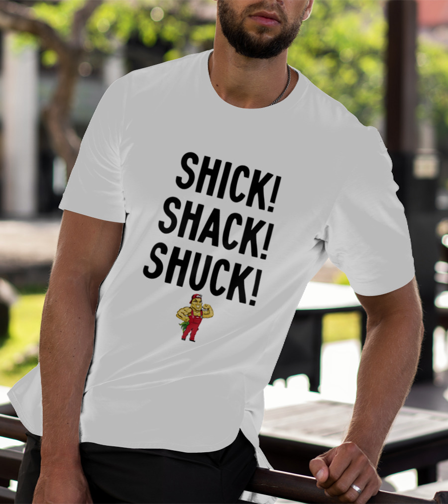 SHICK SHACK SHUCK Strongman Red Overalls Cartoon T-Shirt