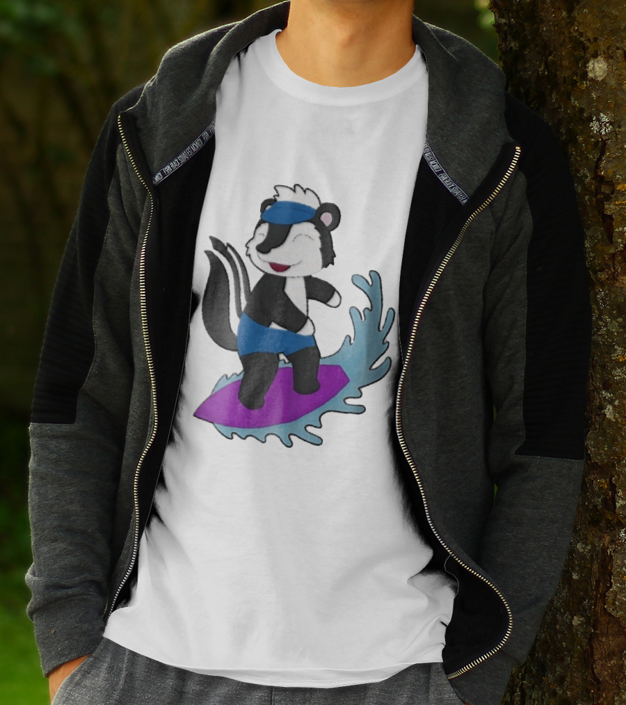 Skunk Surfing Cartoon On Purple Surfboard With Blue Waves And Summer Vibes T-Shirt