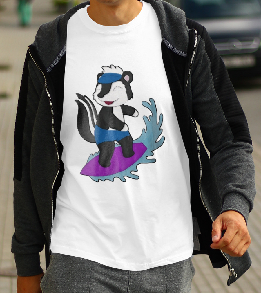 Skunk Surfing Cartoon On Purple Surfboard With Blue Waves And Summer Vibes T-Shirt