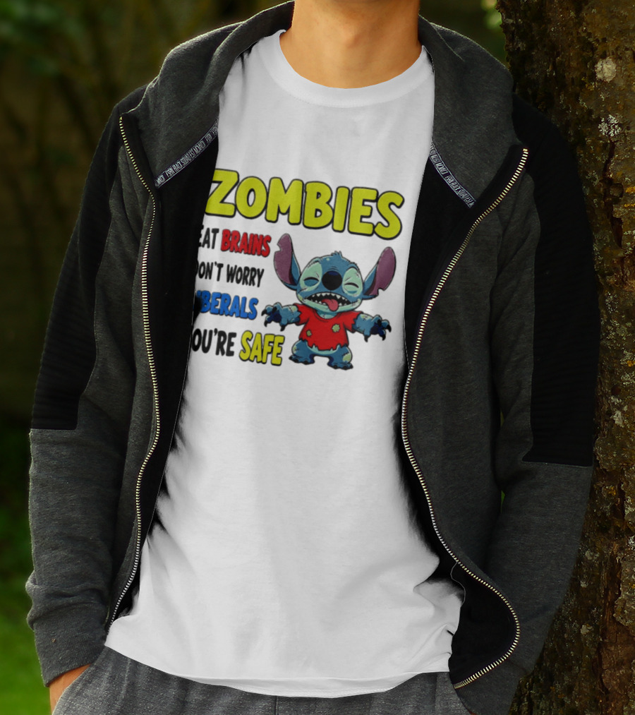 Zombies Eat Brains Don't Worry Liberals You're Safe Stitch Cartoon Creature Stitched Red T-Shirt