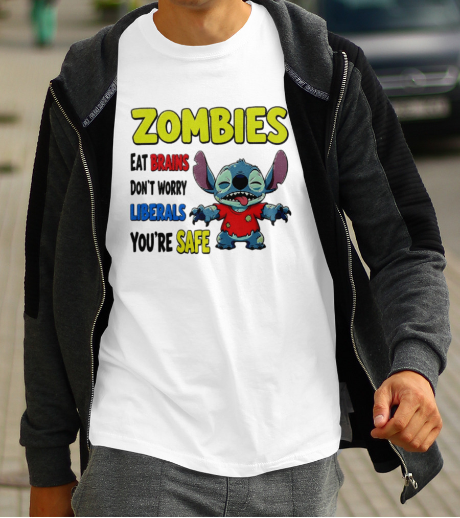Zombies Eat Brains Don't Worry Liberals You're Safe Stitch Cartoon Creature Stitched Red T-Shirt