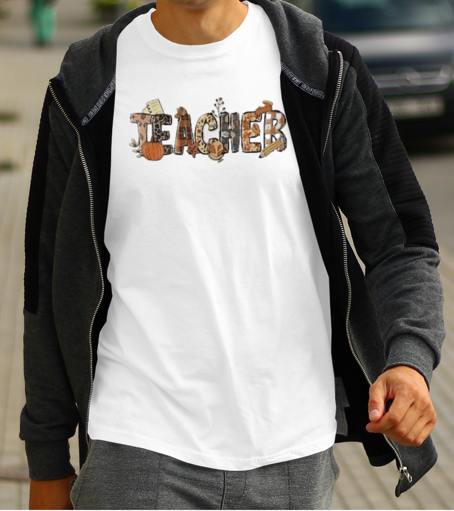 Teacher Fall Autumn Pumpkin Globe Pencil Pie Slice T-Shirt