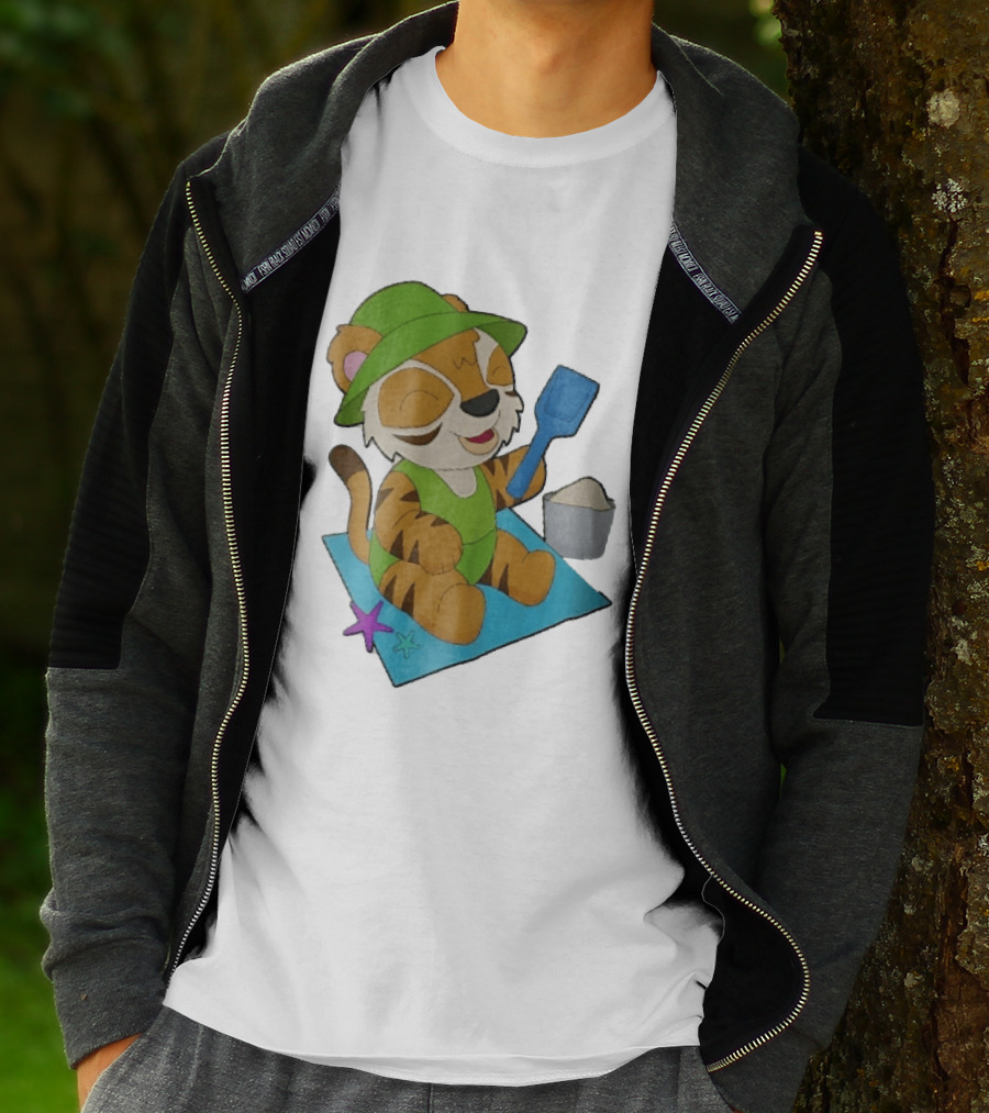 Playful Tiger Beach Sand Adventure Summer Scene T-Shirt