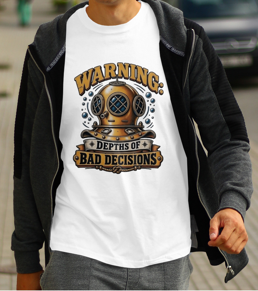 Warning Depths Of Bad Decisions Vintage Diving Helmet Adventure T-Shirt