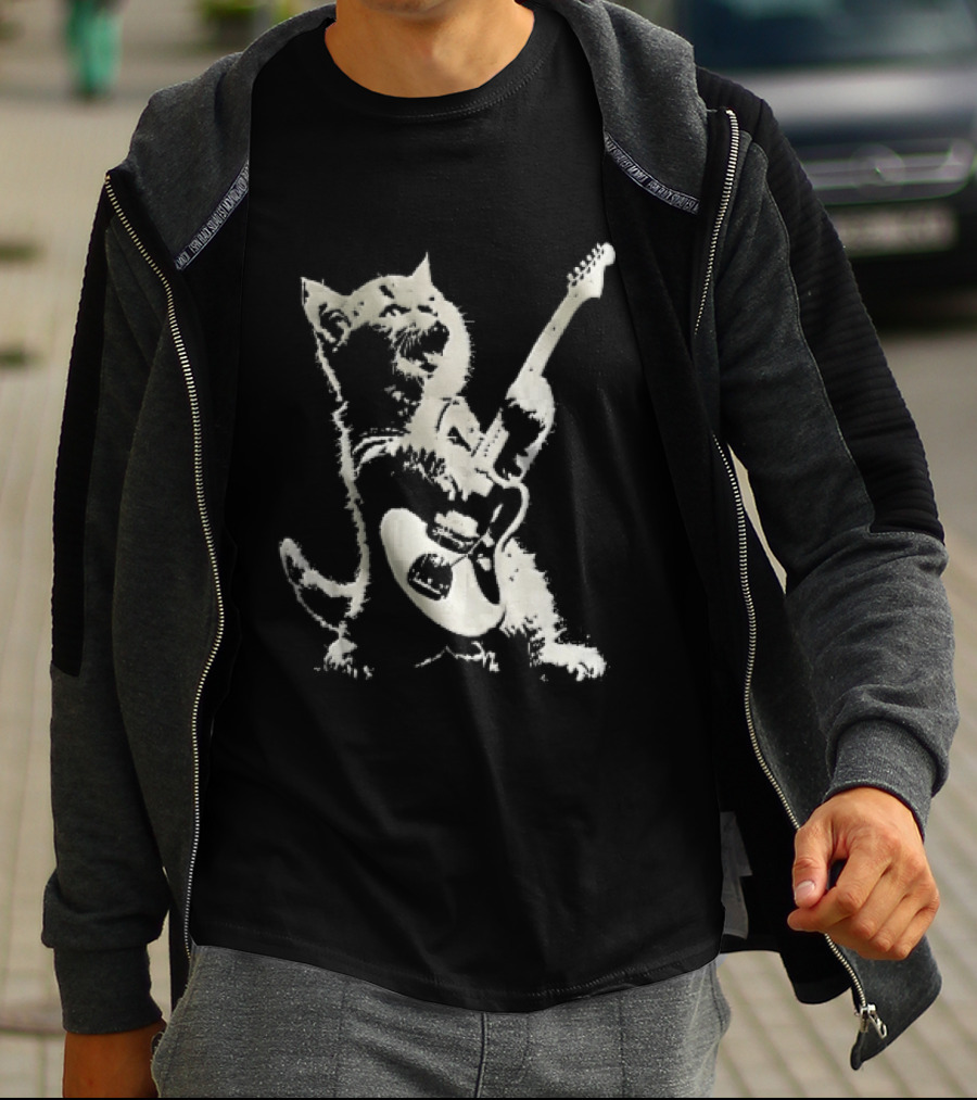 Cat Playing Electric Guitar Rocker Meowing Stencil Splatter Black And White T-Shirt