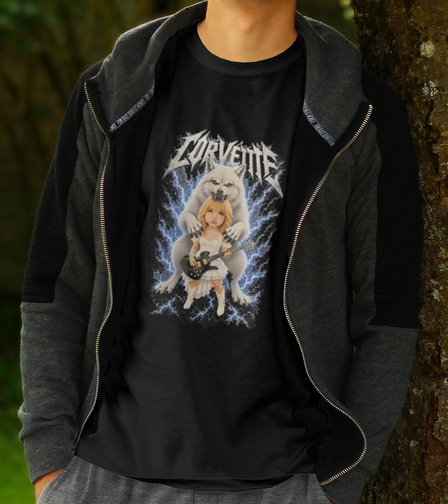 Corvette Chibi Blonde With Electric Guitar White Wolf And Lightning Heavy Metal T-Shirt