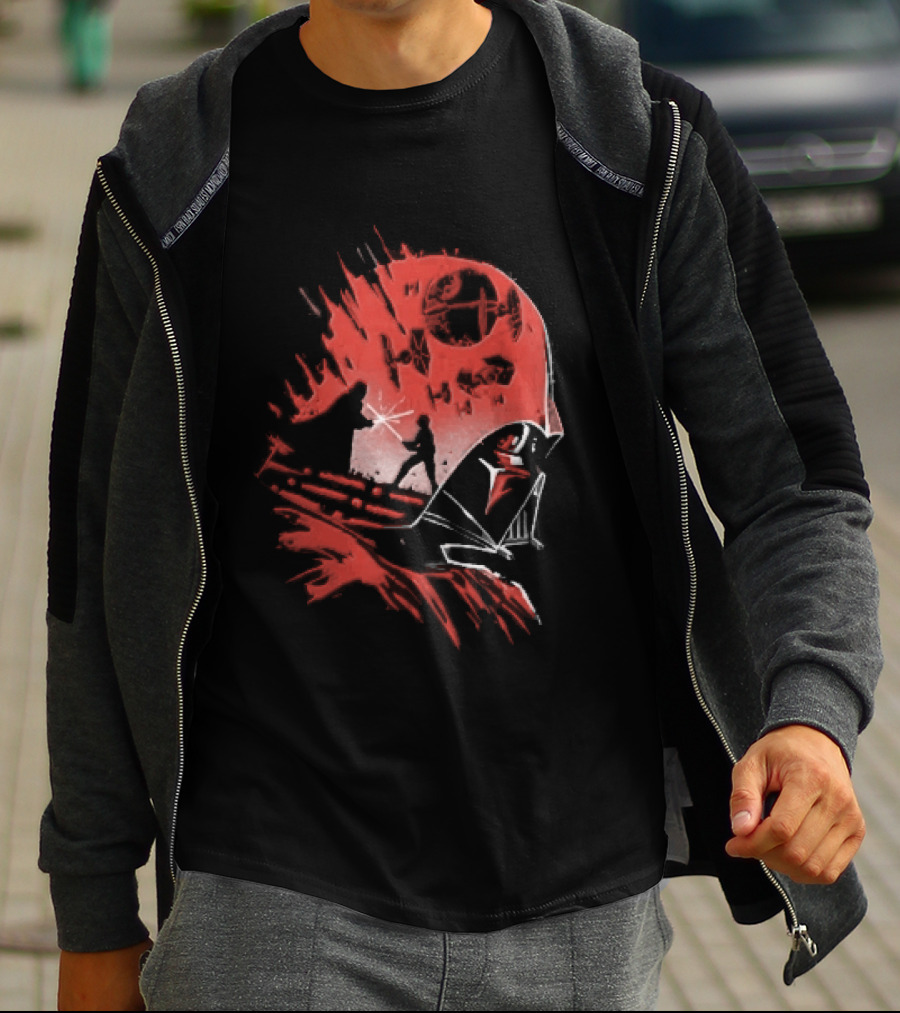 Darth Vader Luke Skywalker Lightsaber Duel Death Star TIE Fighters Red Stencil T-Shirt