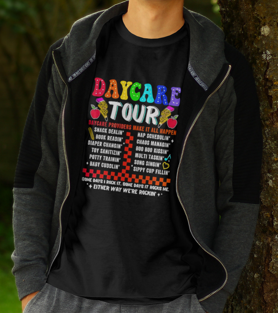 Daycare Tour Snack Dealer Nap Specialist Boo Boo Healer Puppet Creator Fun Expert Song Machine T-Shirt