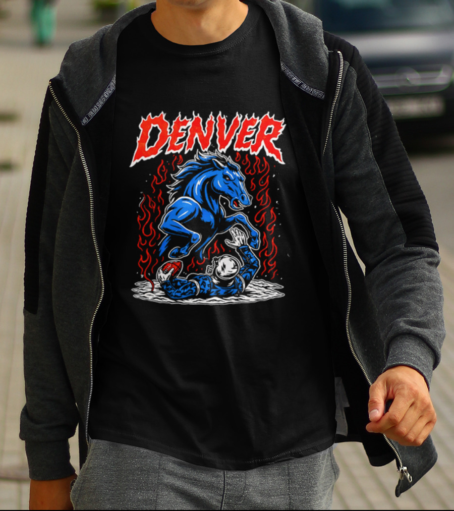 Denver Broncos Blue Horse Fire Football Player Flame T-Shirt