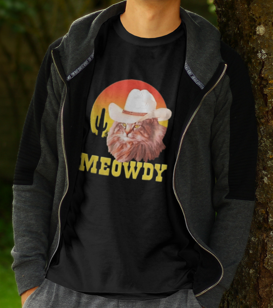 Meowdy Cowboy Cat In White Hat With Sunset And Cactus T-Shirt