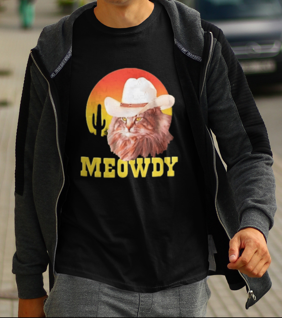 Meowdy Cowboy Cat In White Hat With Sunset And Cactus T-Shirt