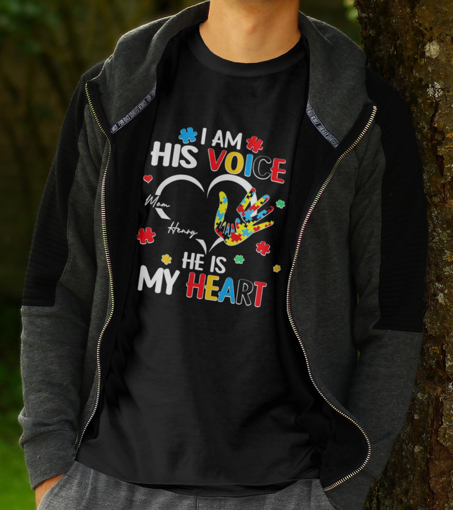 I Am His Voice He Is My Heart Autism Awareness Mom Henry Puzzle Pieces T-Shirt