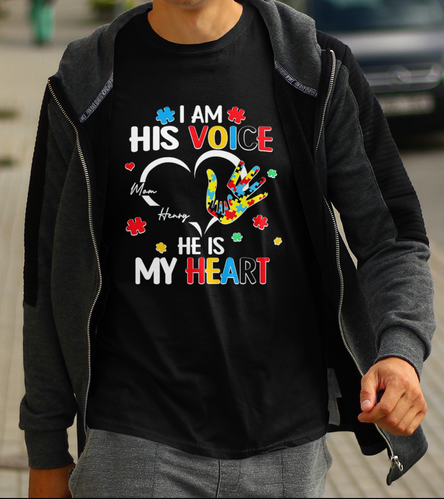 I Am His Voice He Is My Heart Autism Awareness Mom Henry Puzzle Pieces T-Shirt