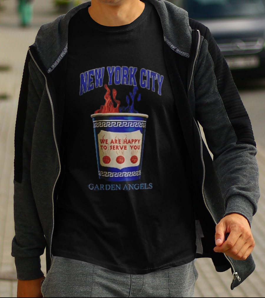 New York City Greek Coffee Cup We Are Happy To Serve You Garden Angels Flaming Basketballs T-Shirt