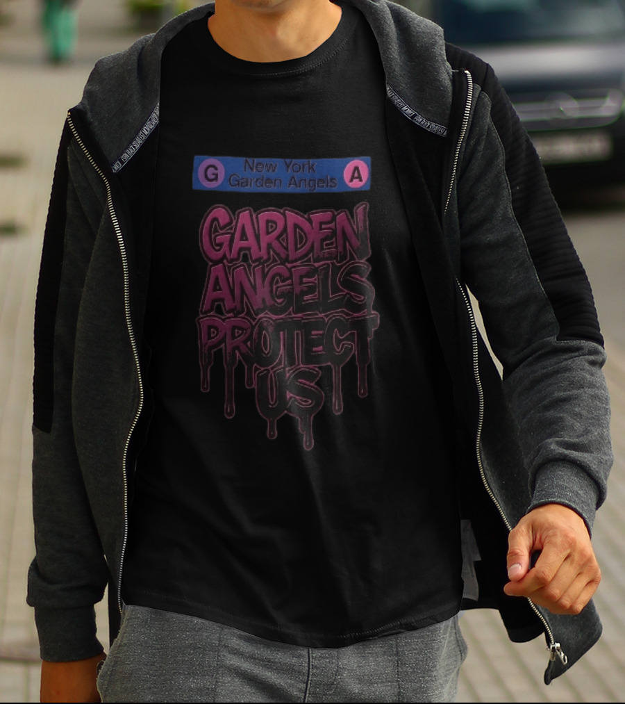 New York Garden Angels Protect Us Dripping Graffiti Subway Sign T-Shirt