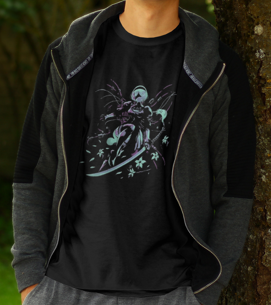 NieR Automata 2B With Pastel Sword And Flower Motif T-Shirt