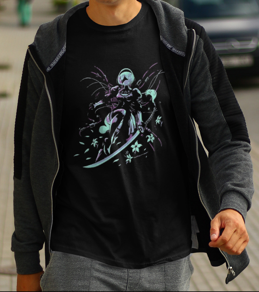 NieR Automata 2B With Pastel Sword And Flower Motif T-Shirt