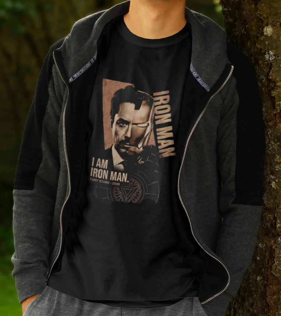 I Am Iron Man Tony Stark 2008 Robert Downey Jr Split Face Iron Man T-Shirt