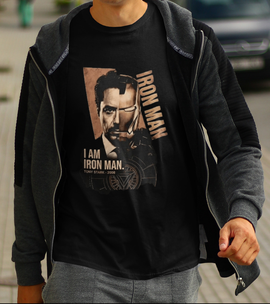 I Am Iron Man Tony Stark 2008 Robert Downey Jr Split Face Iron Man T-Shirt