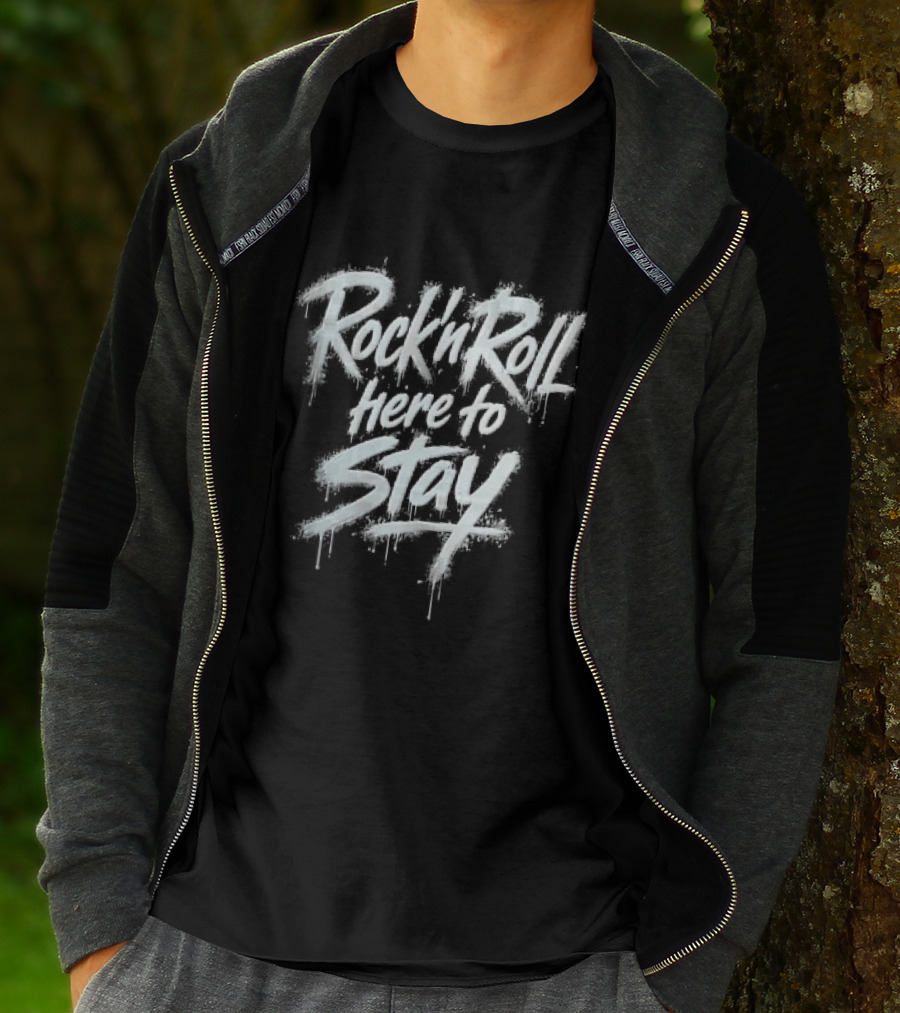 Rock And Roll Here To Stay White Spray Paint Graffiti Drips Splatters T-Shirt