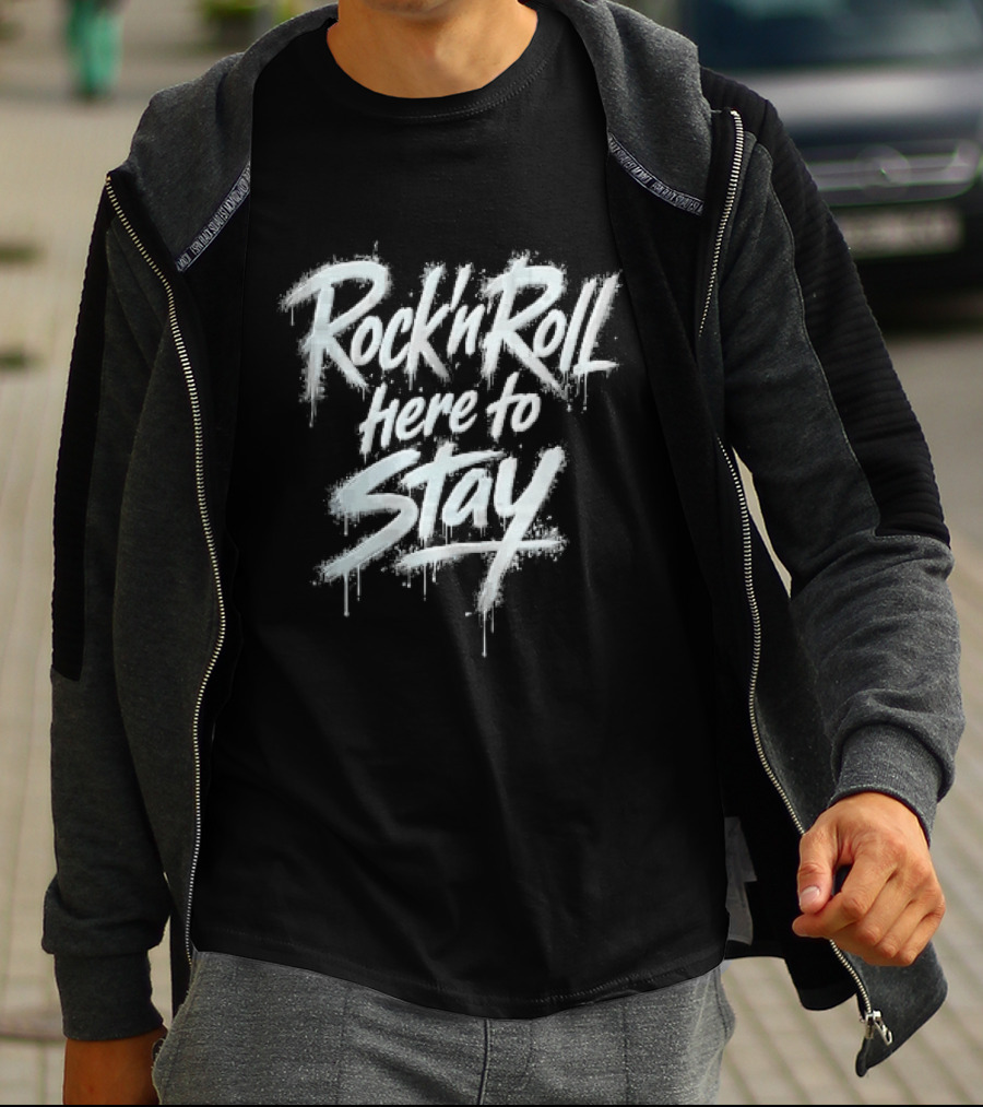 Rock And Roll Here To Stay White Spray Paint Graffiti Drips Splatters T-Shirt