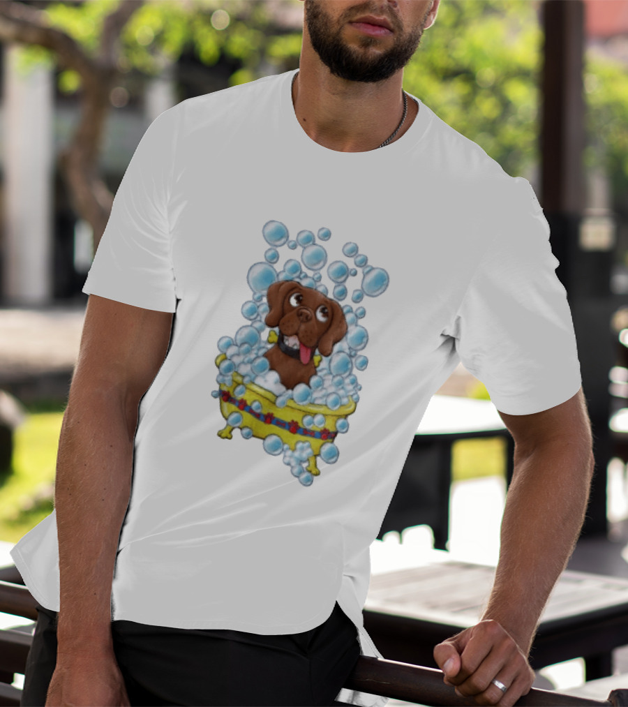 Goofy Dog Surrounded By Bubbles In Yellow Tub T-Shirt