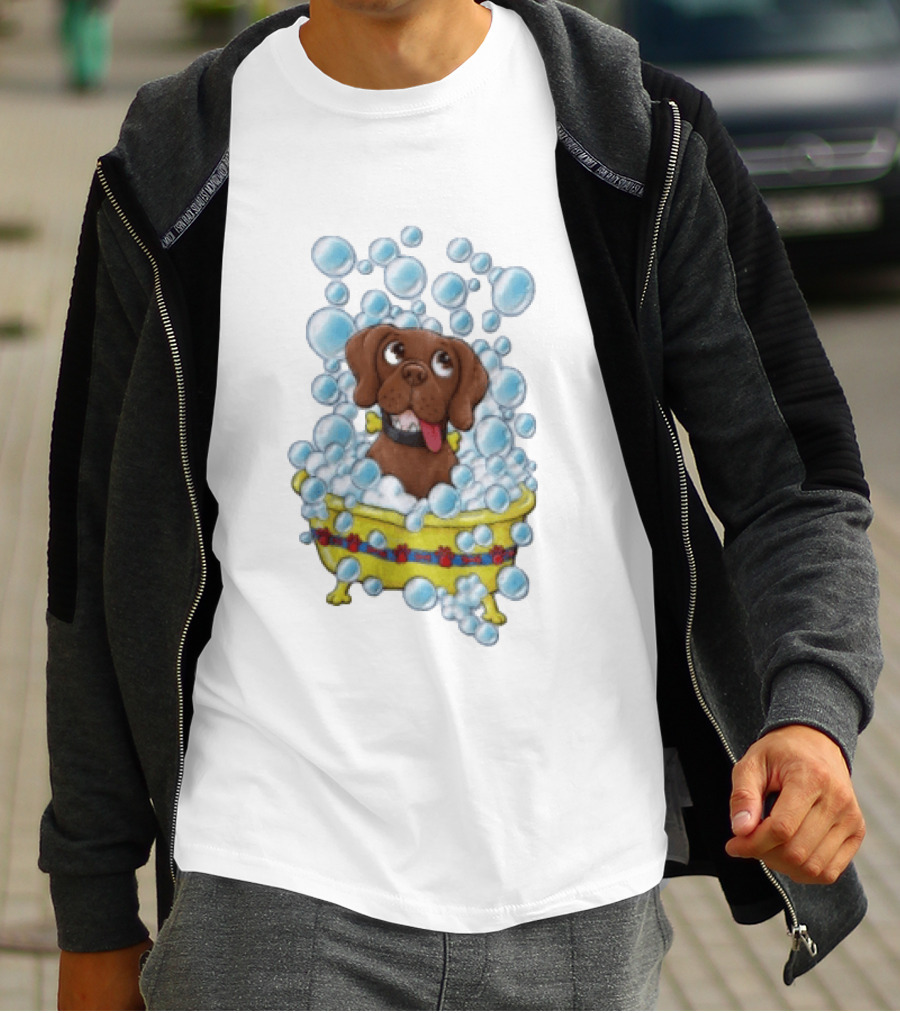 Goofy Dog Surrounded By Bubbles In Yellow Tub T-Shirt