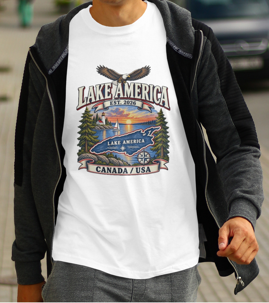 Lake America Est. 2026 Great Lakes Canada USA Scenic Sunset Eagle Sailboat T-Shirt