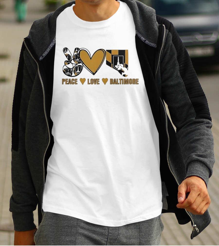 Peace Love Baltimore Gold Maryland Flag City Monument T-Shirt