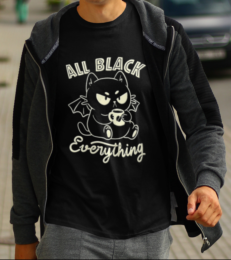 All Black Everything Cartoon Bat Cat Drinking Coffee T-Shirt
