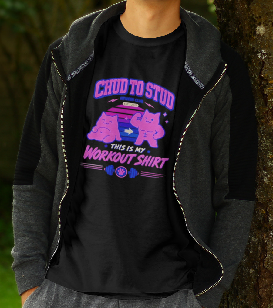 Chud To Stud Fitness Club Workout Transformation With Cute Cats And Paw Print Weights T-Shirt