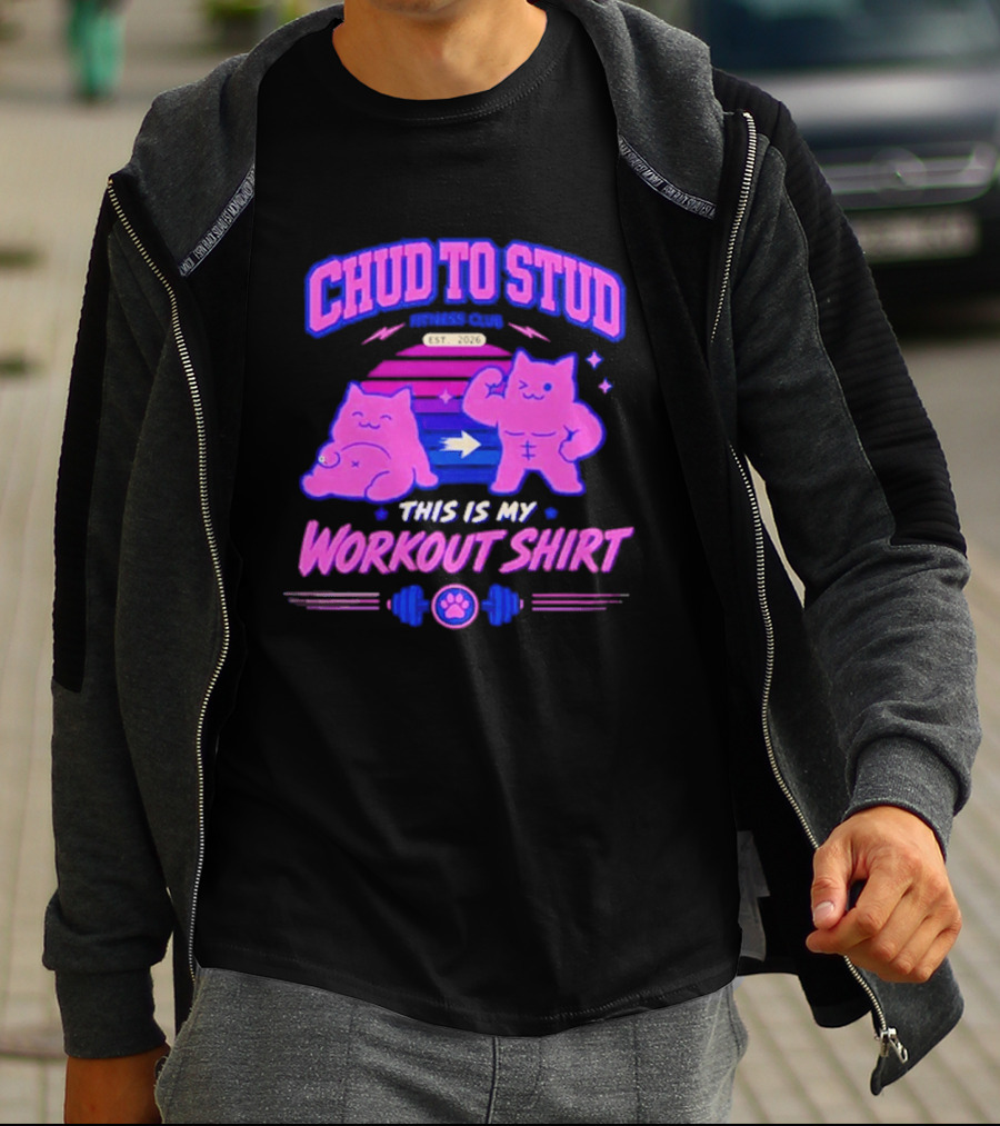Chud To Stud Fitness Club Workout Transformation With Cute Cats And Paw Print Weights T-Shirt
