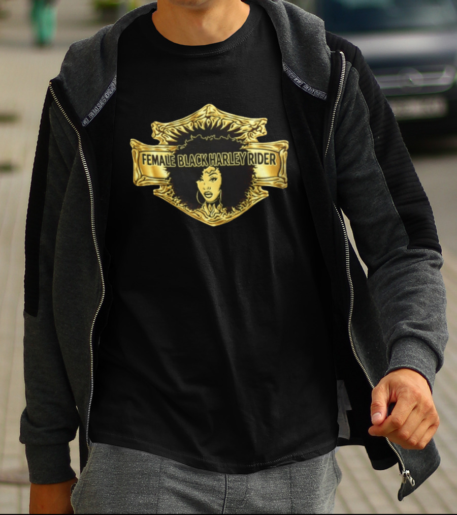 Female Black Harley Rider Gold Ornate Shield Afro T-Shirt