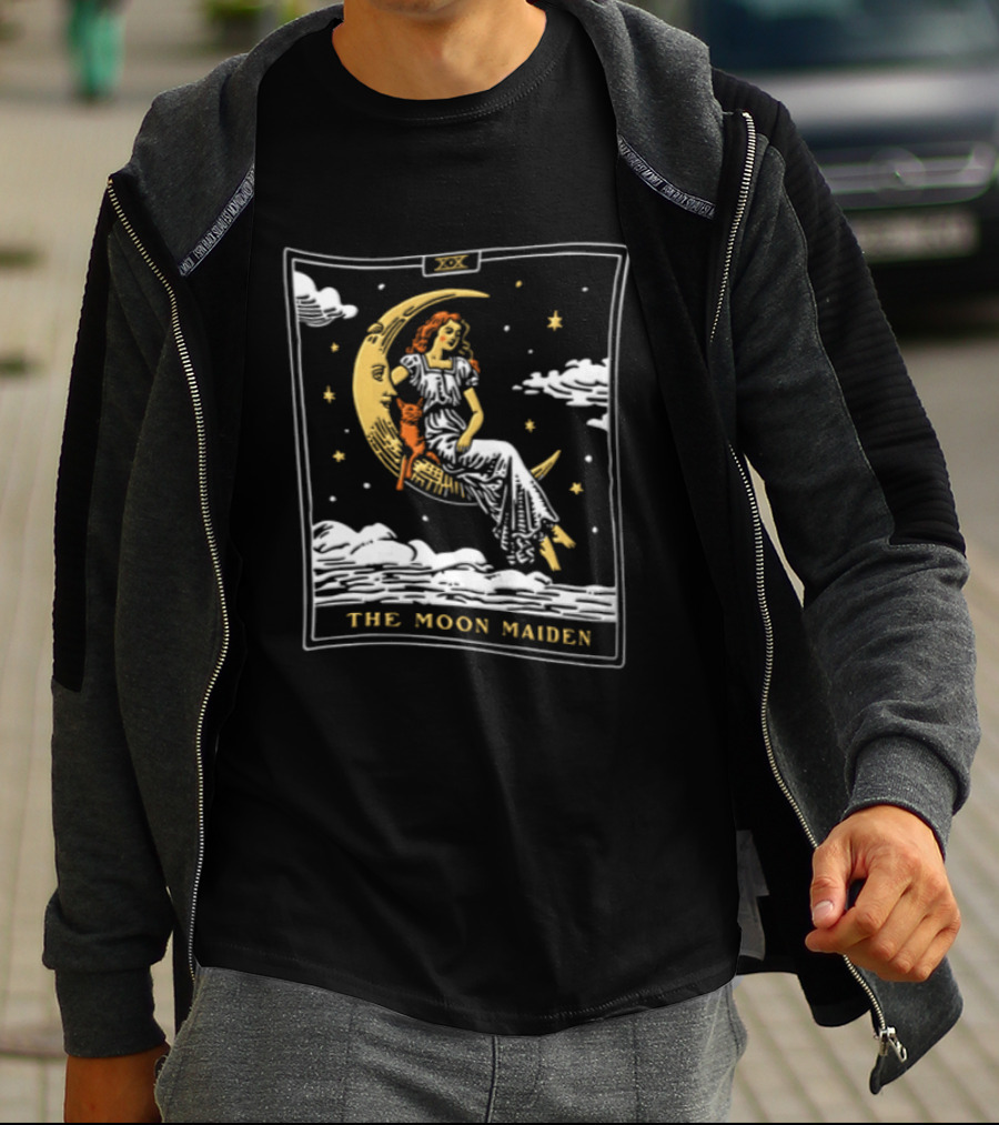 The Moon Maiden Tarot Card Crescent Cat And Stars T-Shirt