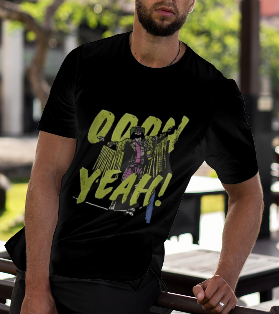 Oooh Yeah Macho Man Randy Savage Wrestler Outstretched Arms Fringed Jacket Distressed Green T-Shirt
