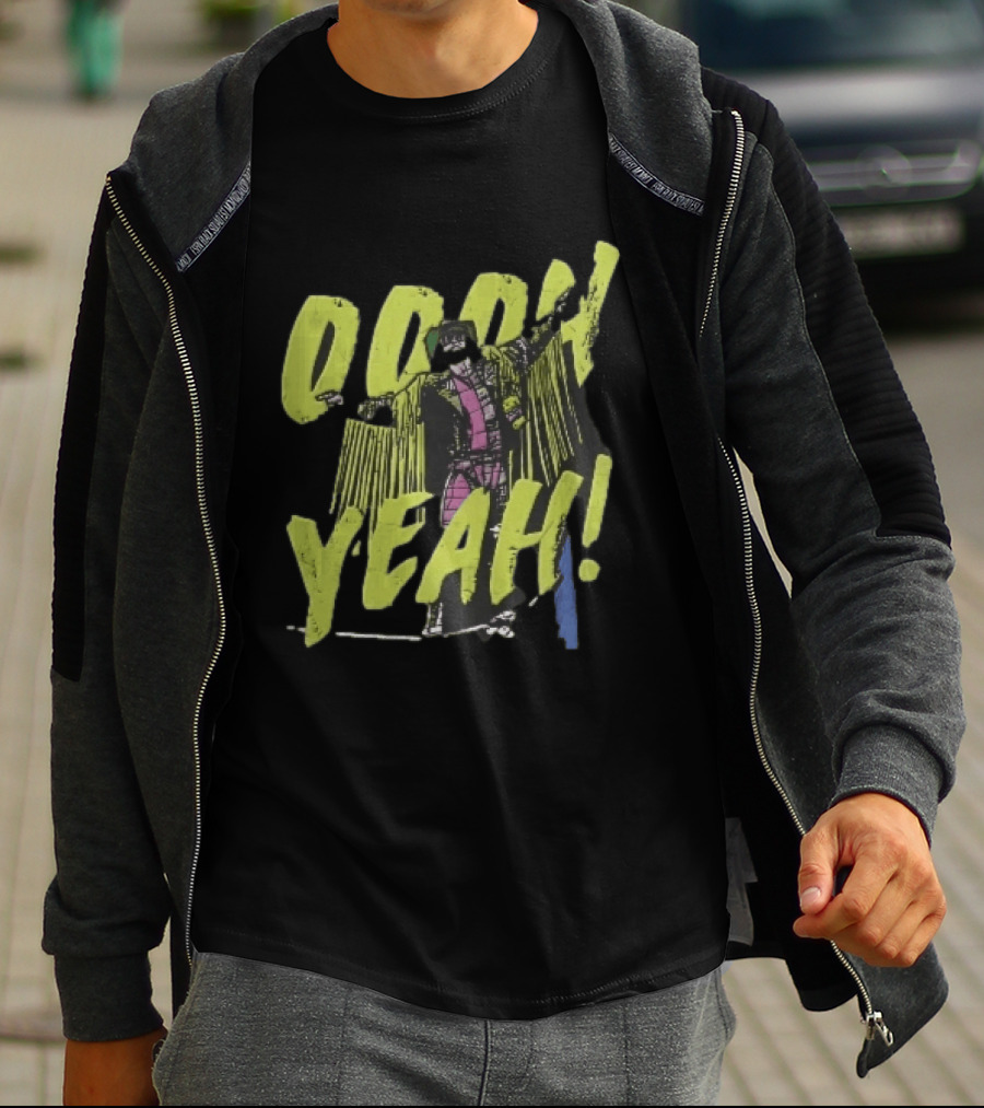 Oooh Yeah Macho Man Randy Savage Wrestler Outstretched Arms Fringed Jacket Distressed Green T-Shirt